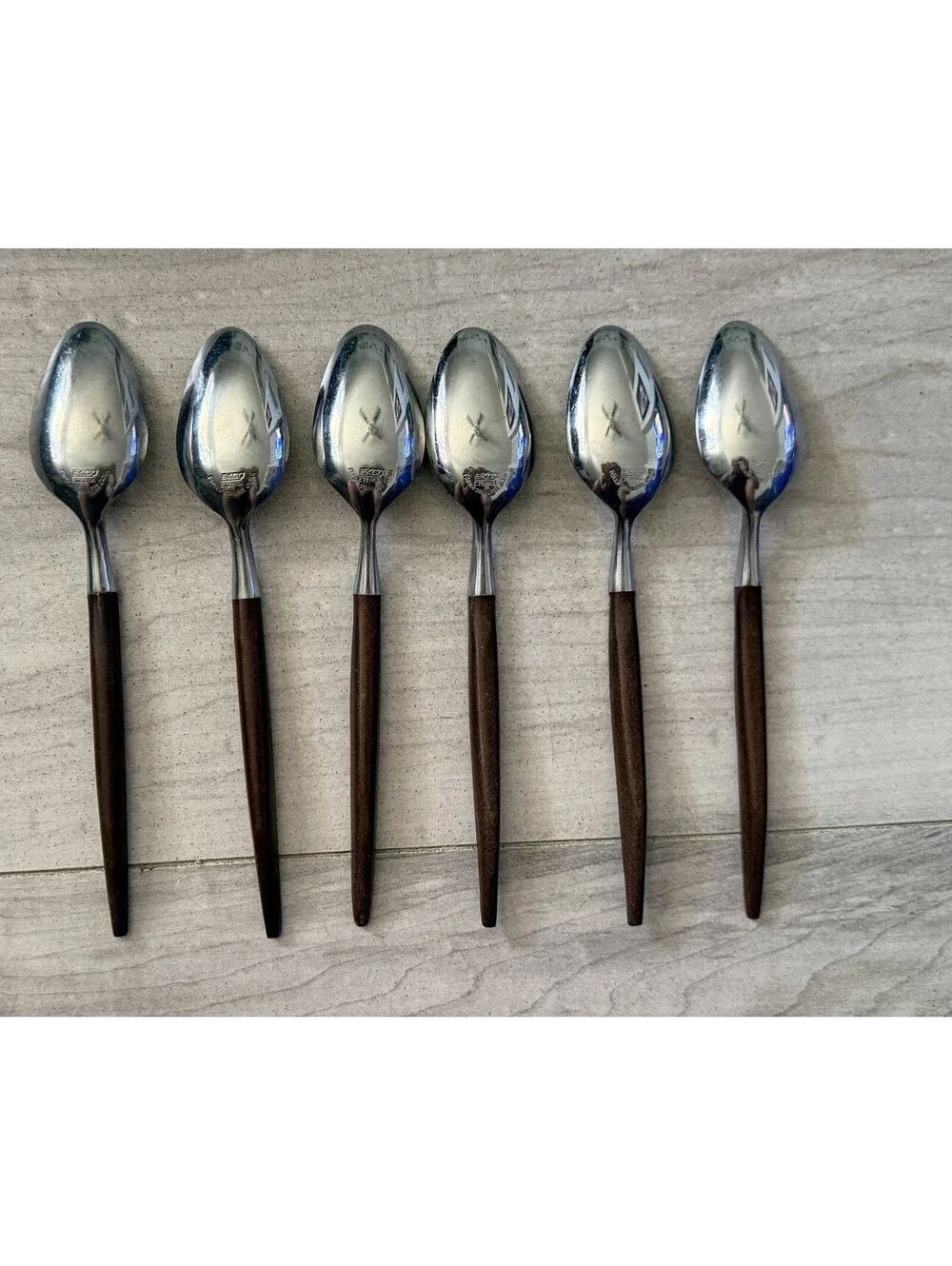 6 Spoons Ekco Eterna Stainless Silverware Brown Handle Composite Flatware MCM